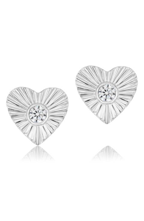 Fluted Heart Cubic Zirconia Stud Earrings