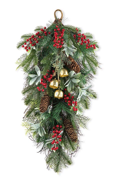 Berry Pinecone and Bell Christmas Teardrop Wreath