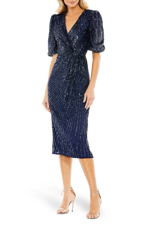 Back Zipper Pleated Puff Sleeve O-neck Ed Pockets Women Midi Dress
