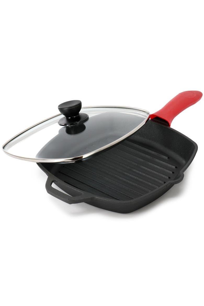 10.4 Inch Pre-Seasoned Cast Iron Griddle with Tempered Glass Lid, Alternate, color, Black