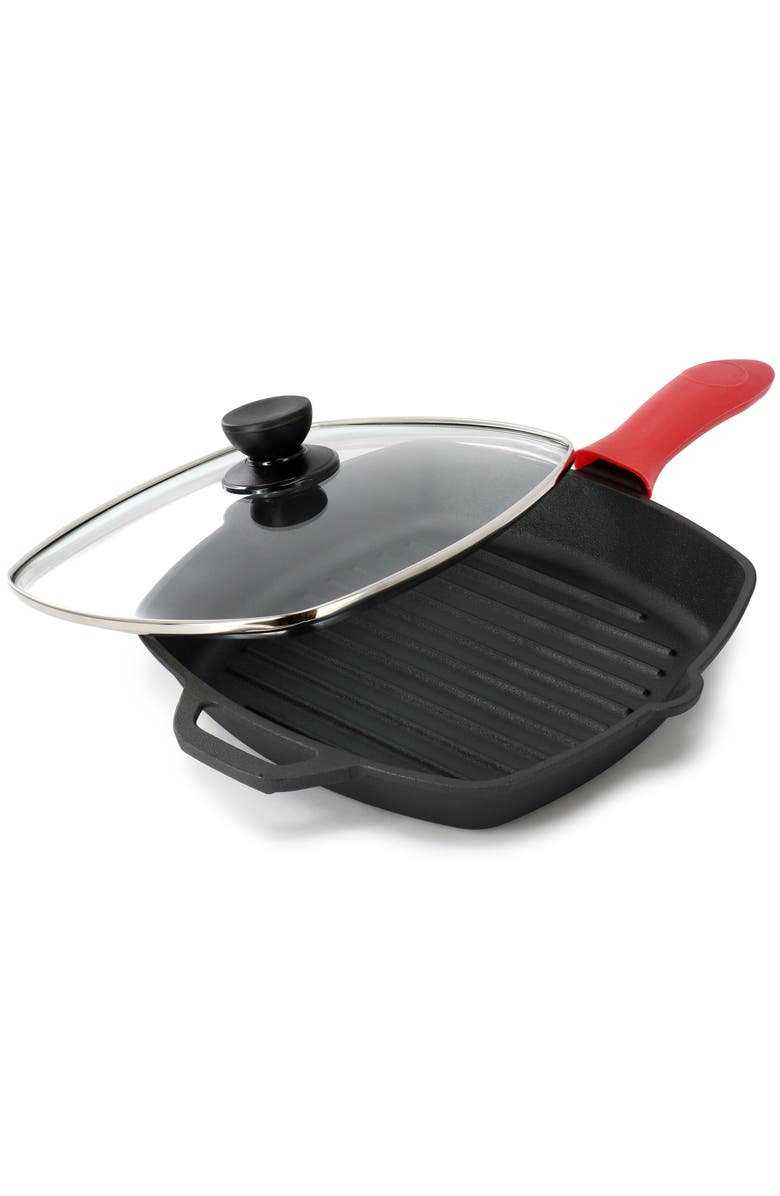 Megachef 10.4 Inch Pre-Seasoned Cast Iron Griddle with Tempered Glass Lid, Alternate, color, 