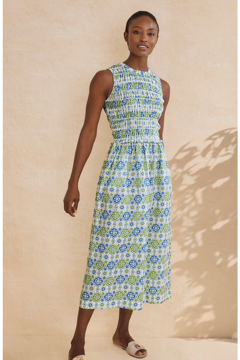 Ciri Smocked Sleeveless Dress, Alternate, color, WHITE/ LIGHT GREEN/ LIGHT BLUE