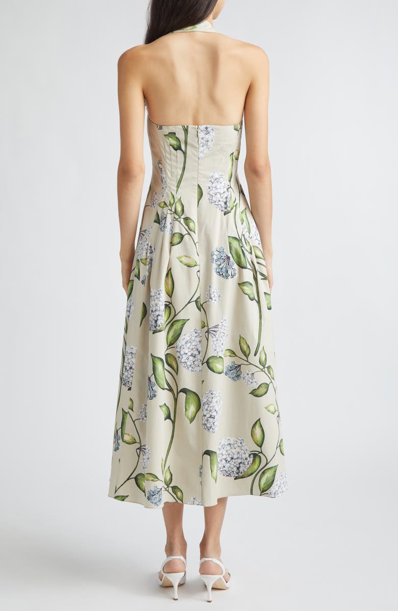 Oscar de la Renta Porcelain Flowers Stretch Cotton Poplin Halter Neck Dress, Alternate, color, Denim/ Oatmeal