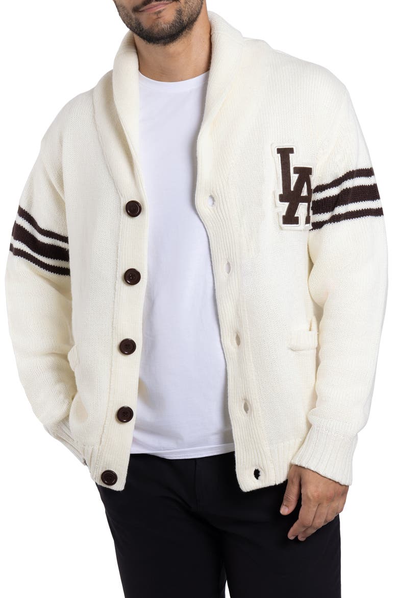 Shawl Collar Knit City Patch Cardigan, Main, color, CREAM