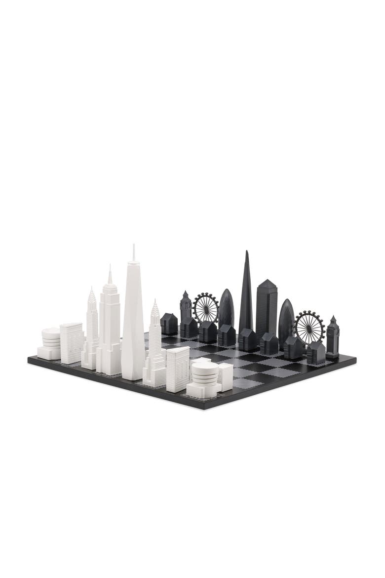 Chess Set Acrylic LONDON vs NEW YORK with B/W Hatch Board, Main, color, White