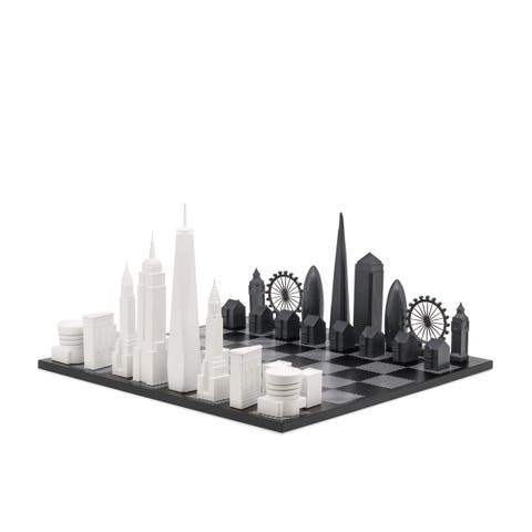Chess Set Acrylic LONDON vs NEW YORK with B/W Hatch Board