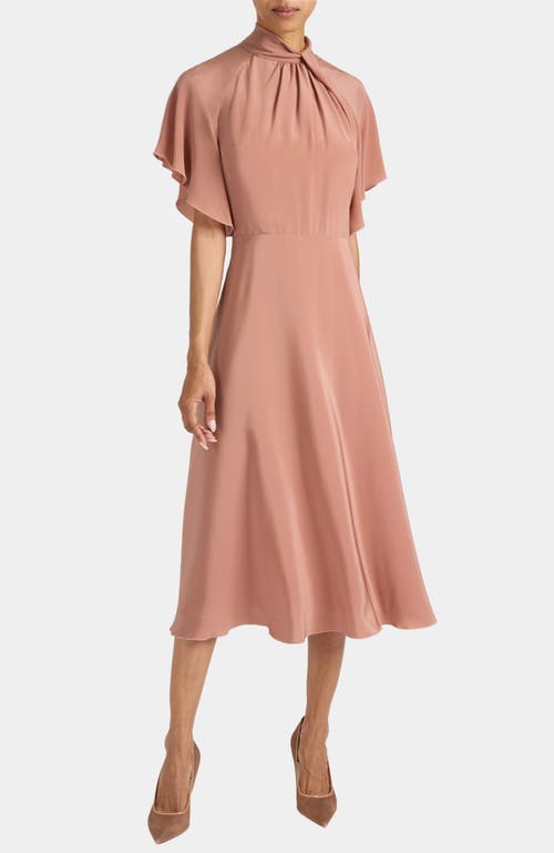 Santorelli Niki Silk Mock Neck Midi Dress With Short Cape Sleeves In Pink