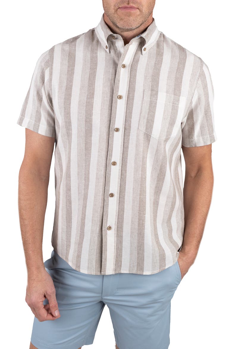 Puretec Linen Cotton Button-Up Shirt, Main, color, KHAKI TONAL STRIPE