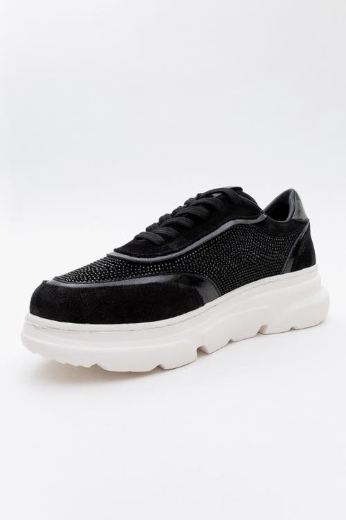 Forever & Always Shoes Polly Rhinestone Suede Leather Platform Sneakers In Black Suede Leather