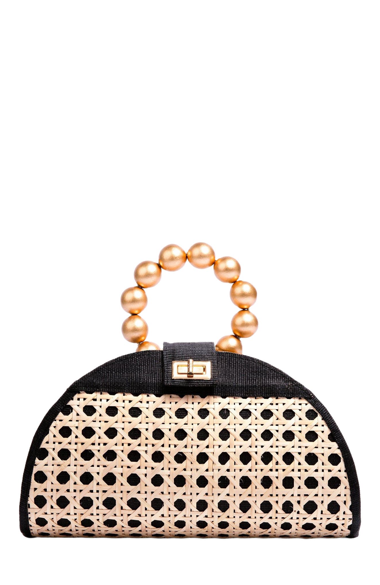 Soli & Sun THE ISABELLA Tan Rattan Solihiya Weave and Gold Bead Top Handle Statement Bag, Main, color, 