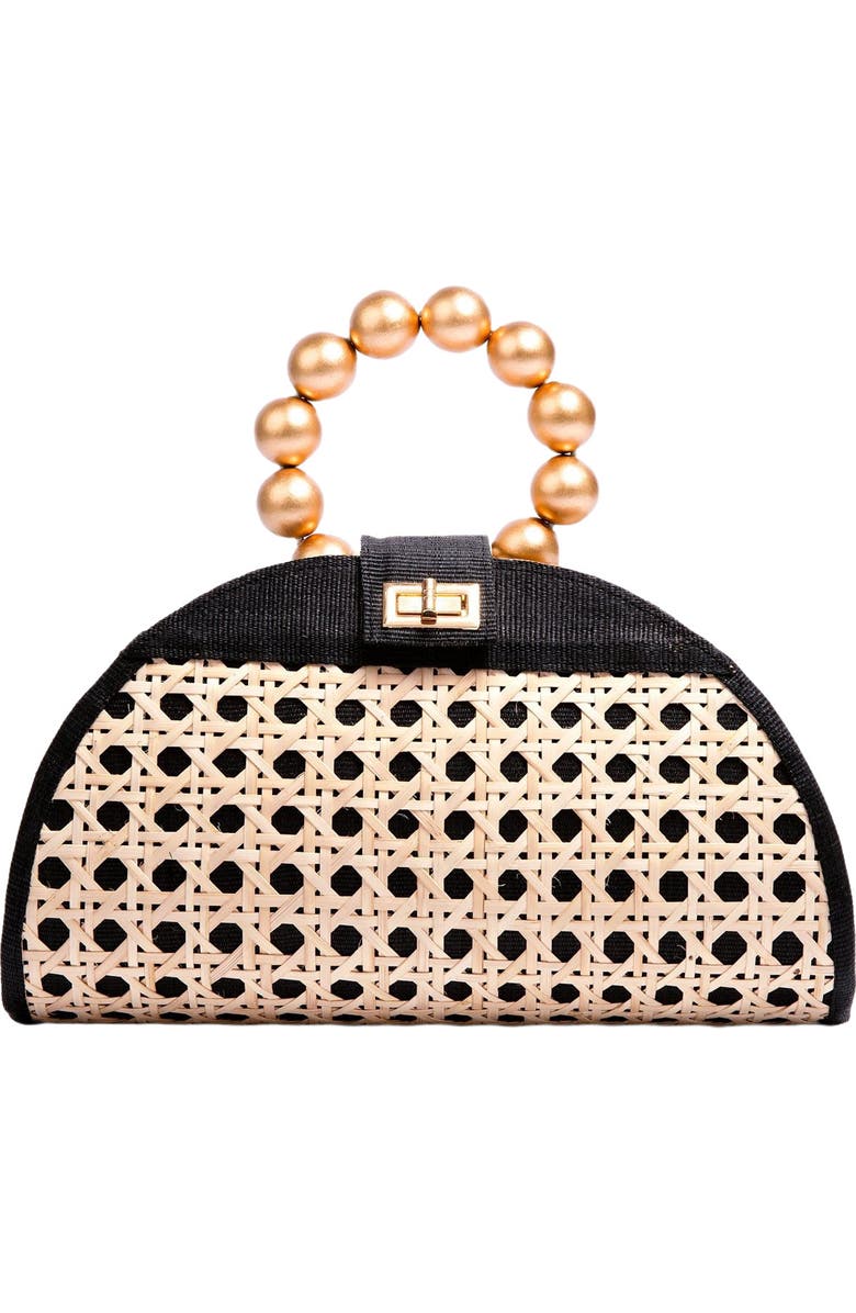 Soli & Sun THE ISABELLA Tan Rattan Solihiya Weave and Gold Bead Top Handle Statement Bag, Main, color,