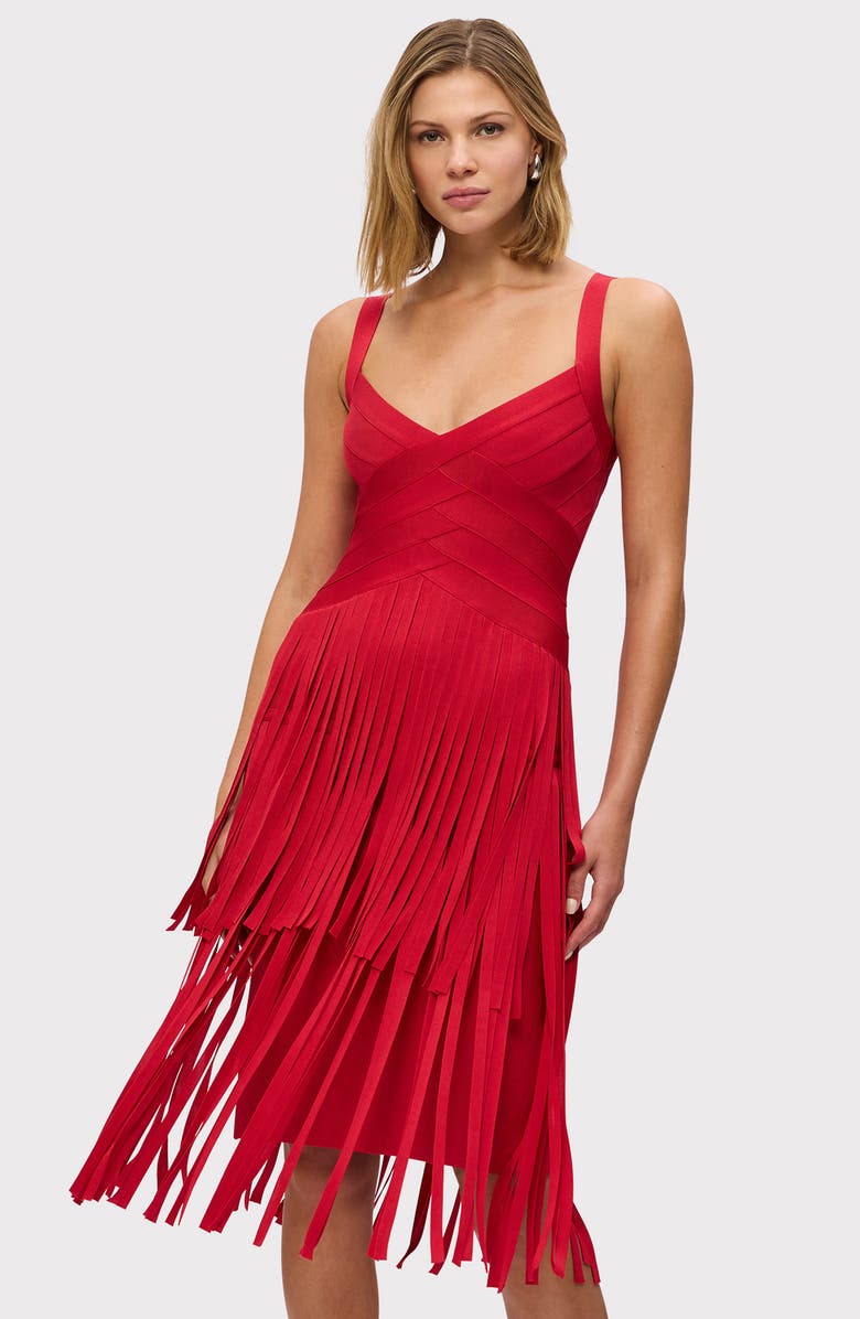 Herve Leger The Mischa Fringe Midi Dress, Alternate, color, Lipstick Red