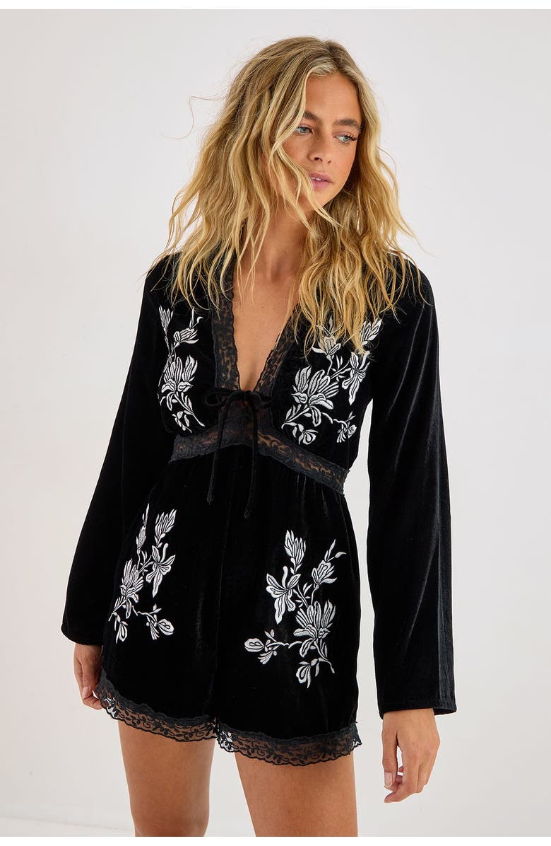 NASTY GAL Velvet Embroidered Lace Trim Romper, Main, color, Black