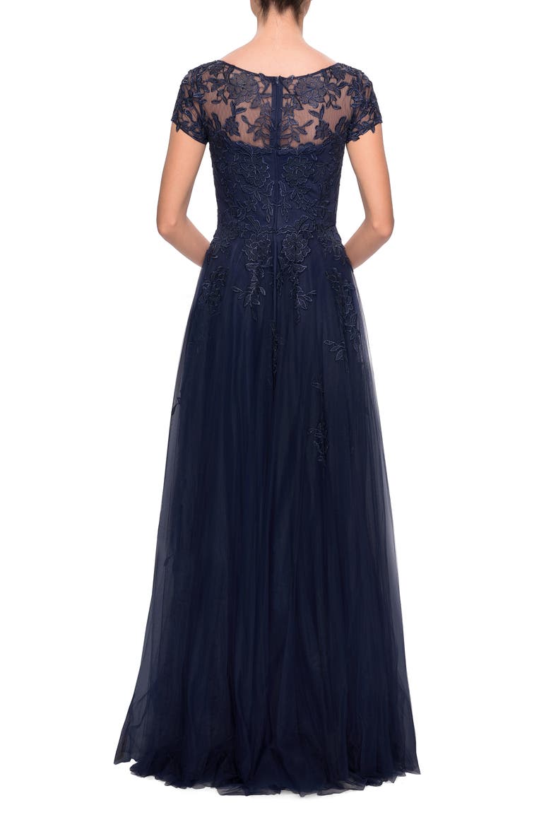 Beaded Lace Rhinestone A-line Evening Gown, Alternate, color, Navy