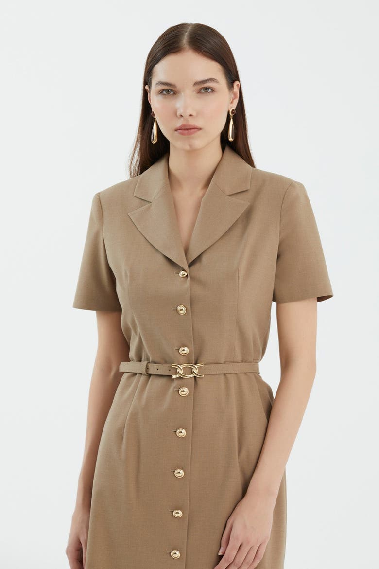 Beige Short Sleeve Belted Midi Dress, Alternate, color, Beige