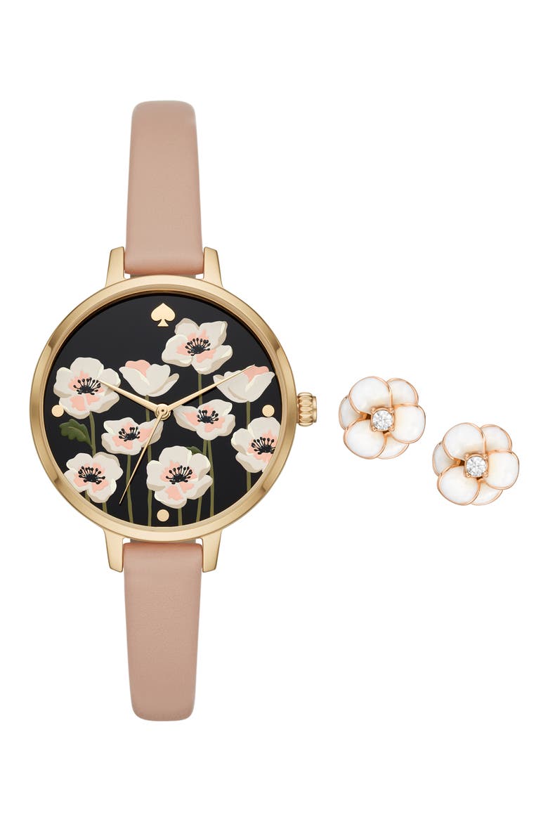 three-hand quartz leather strap watch & earrings set, Main, color, GOLD