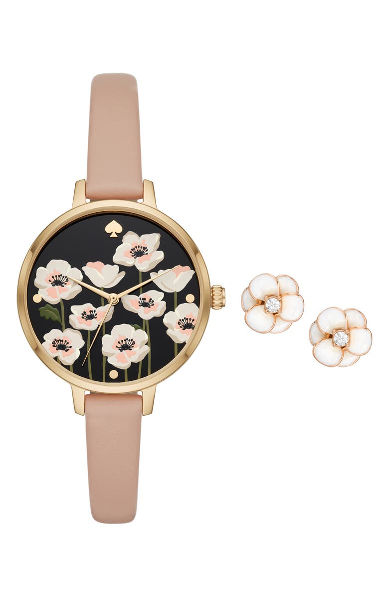 Kate Spade New York three-hand quartz leather strap watch & earrings set, Main, color, Gold