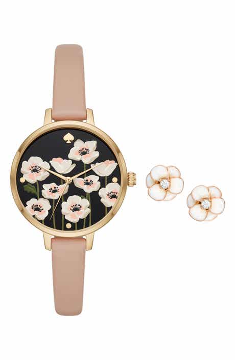 three-hand quartz leather strap watch & earrings set