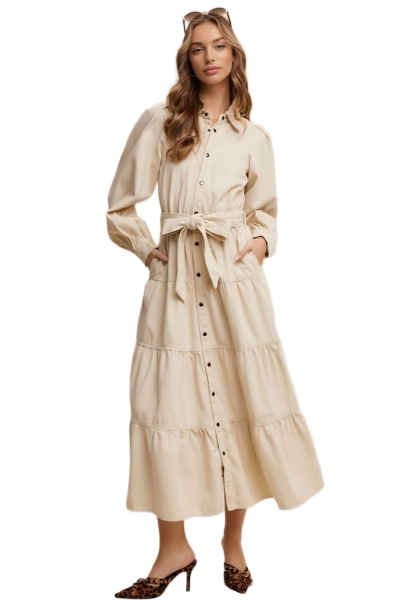 Knit and Lounge Tiered Belted Bishop Sleeve Maxi Shirt Dress, Alternate, color, Beige
