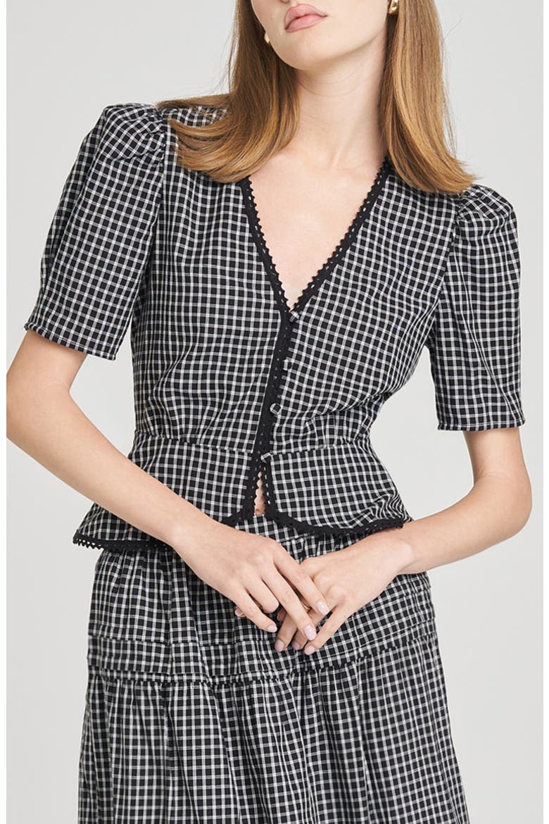 Gemma Puff Sleeve Peplum Top, Main, color, IVORY-BLACK GINGHAM