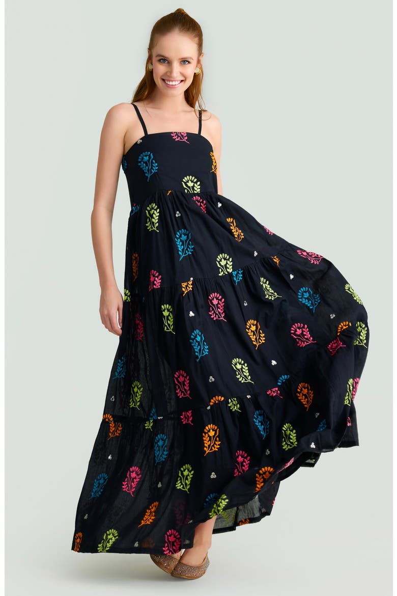 Soraya Embroidered Cotton Maxi Sundress, Alternate, color, BLACK