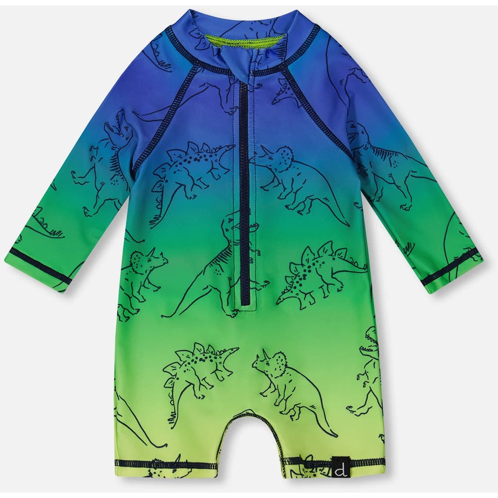 Deux Par Deux Baby Boy's Printed Long Sleeve One-piece Rashguard Vibrant Blue And Green Dino In Vibrant Blue And Green Dino
