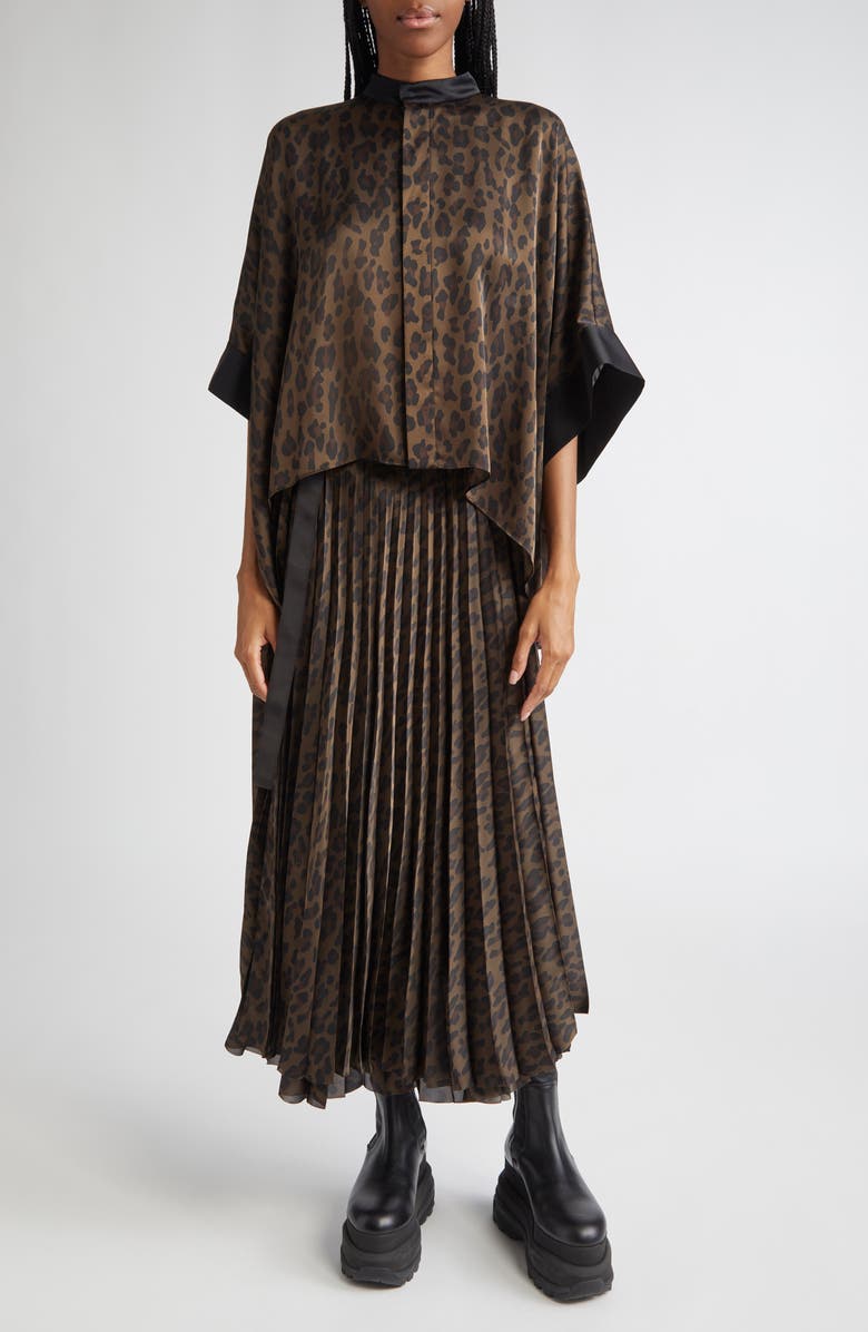 Sacai Pleated Leopard Print Satin Midi Skirt, Alternate, color, 