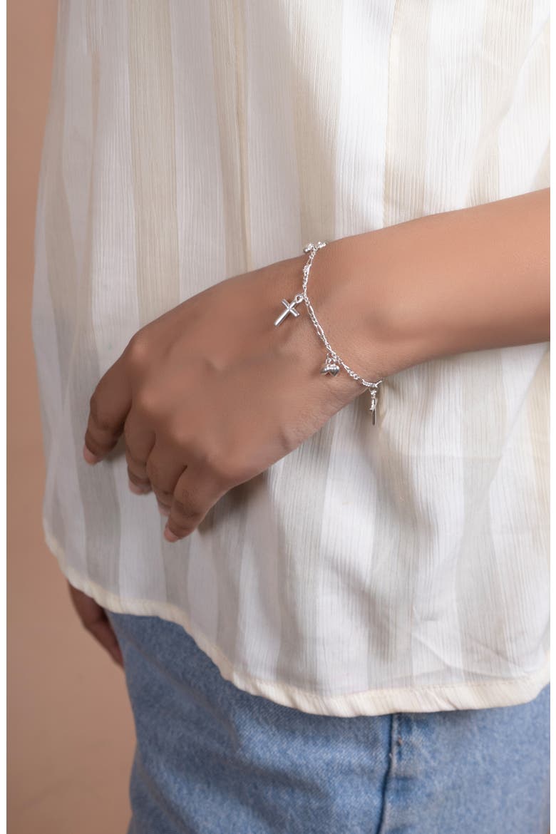 Cross & Heart Charm Chain Bracelet, Alternate, color, SILVER