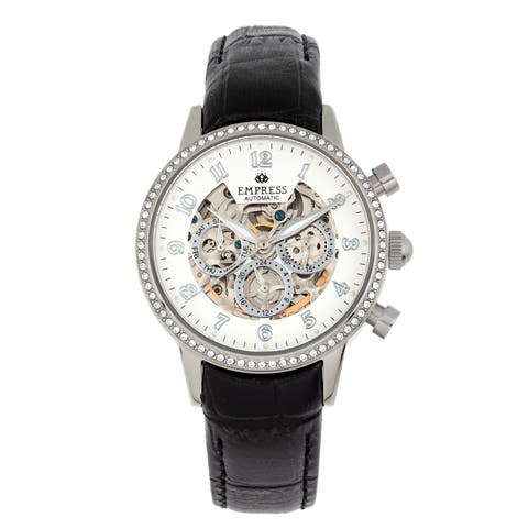 Beatrice Automatic Skeleton Dial Leather-Band Watch with Day & Date
