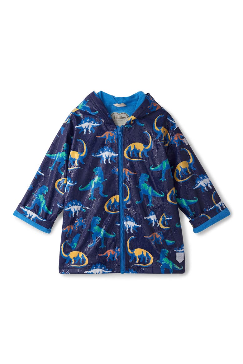 Kids' Painted Dinos Waterproof Hooded Raincoat, Alternate, color, PATRIOT BLUE