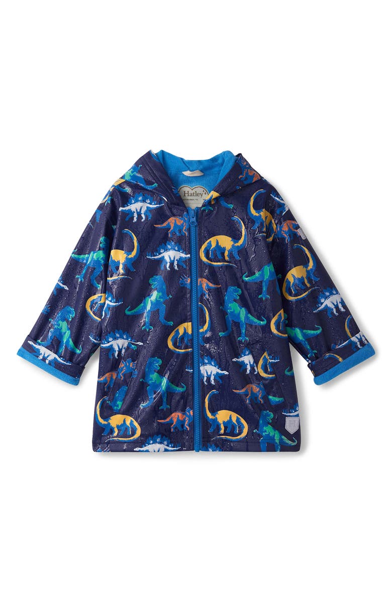 Hatley Kids' Painted Dinos Waterproof Hooded Raincoat, Alternate, color, Patriot Blue