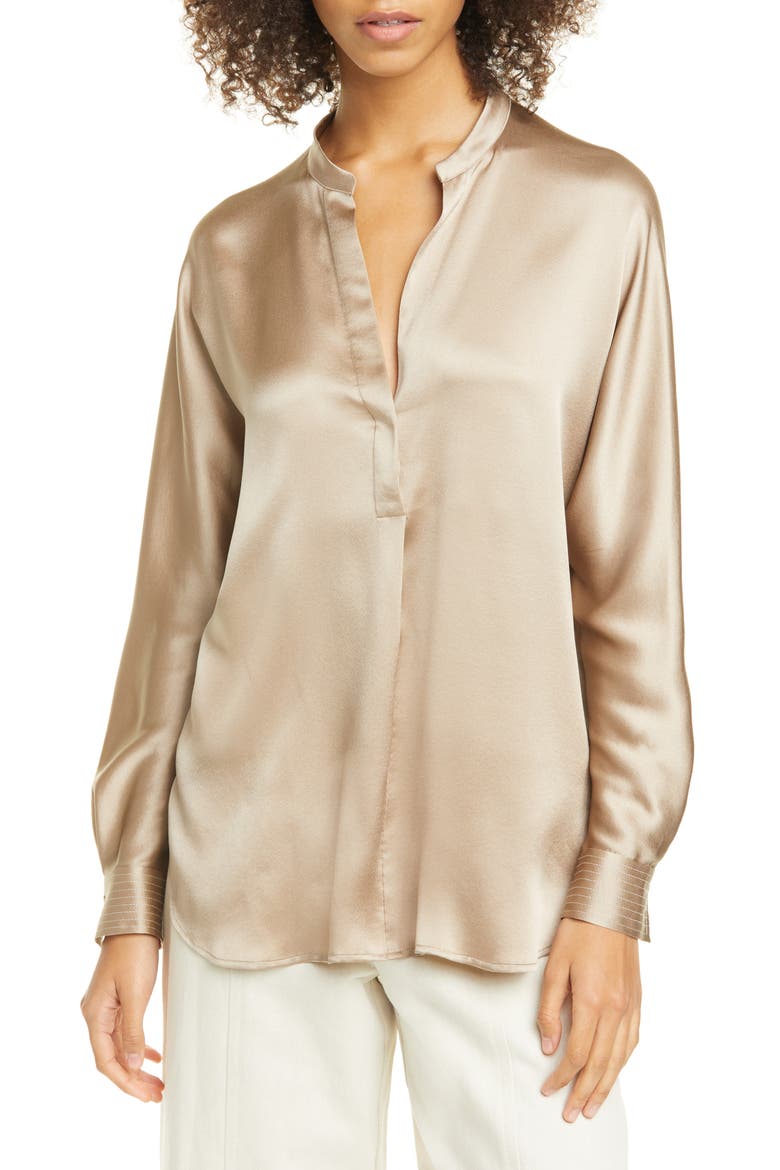 Band Collar Long Sleeve Silk Blouse, Main, color, TAUPE
