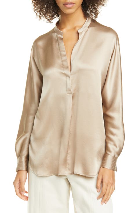 Band Collar Long Sleeve Silk Blouse