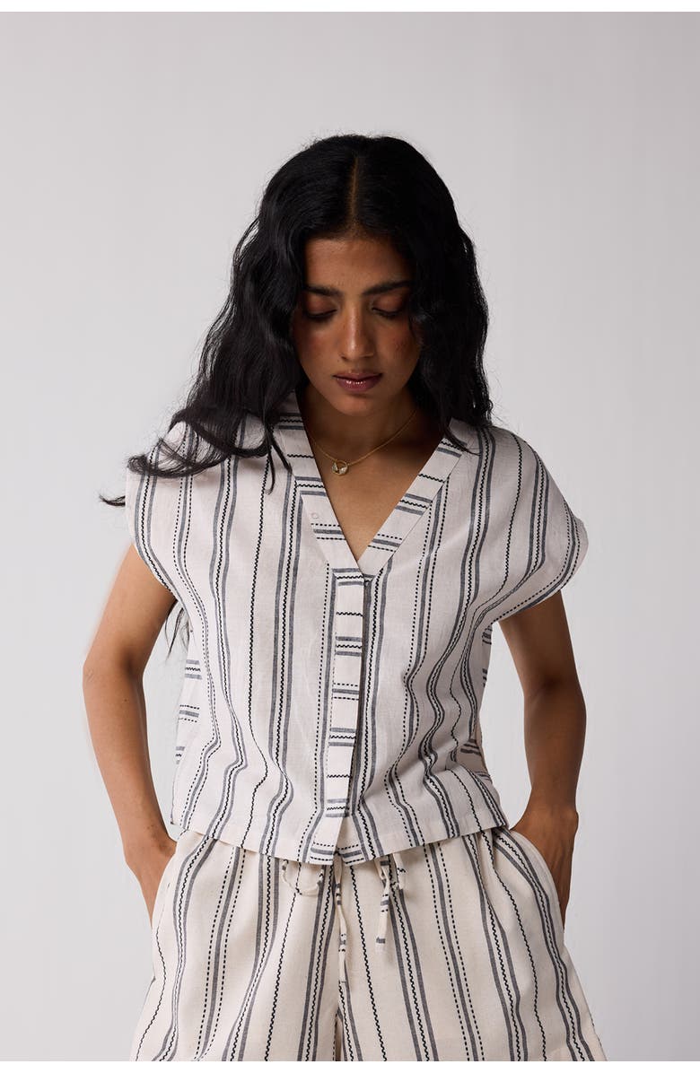 Reistor Relaxed V-neck Top in Stripes, Alternate, color, White