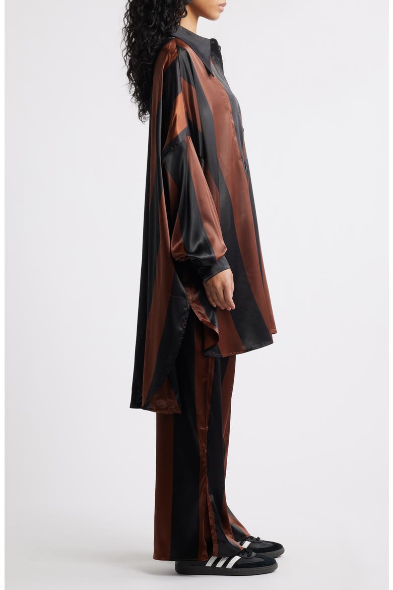 Posh Stripe Oversize Satin Button-Up Shirt & Pants Set, Alternate, color, BROWN/ BLACK STRIPE