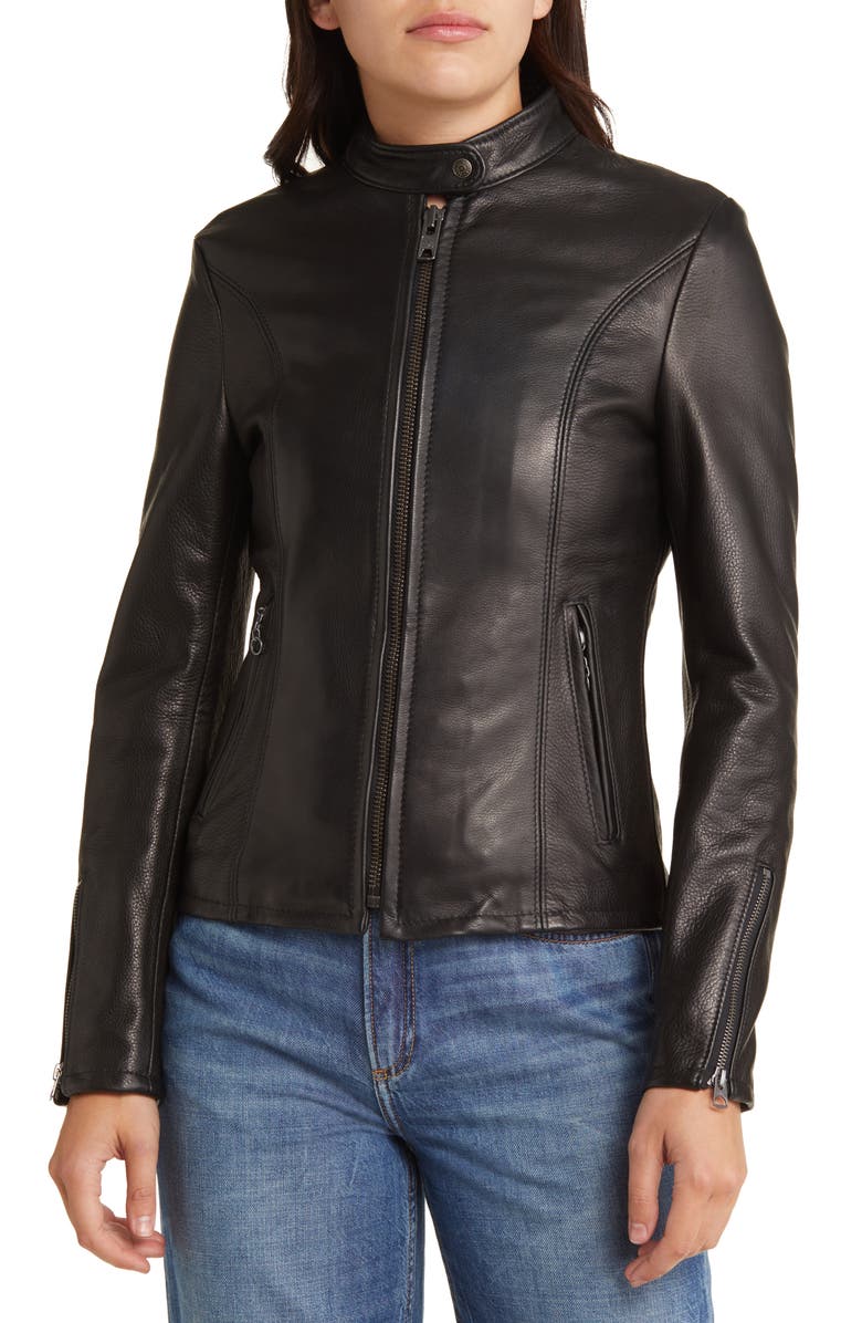 Schott NYC Leather Cafe Racer Moto Jacket, Alternate, color, Black