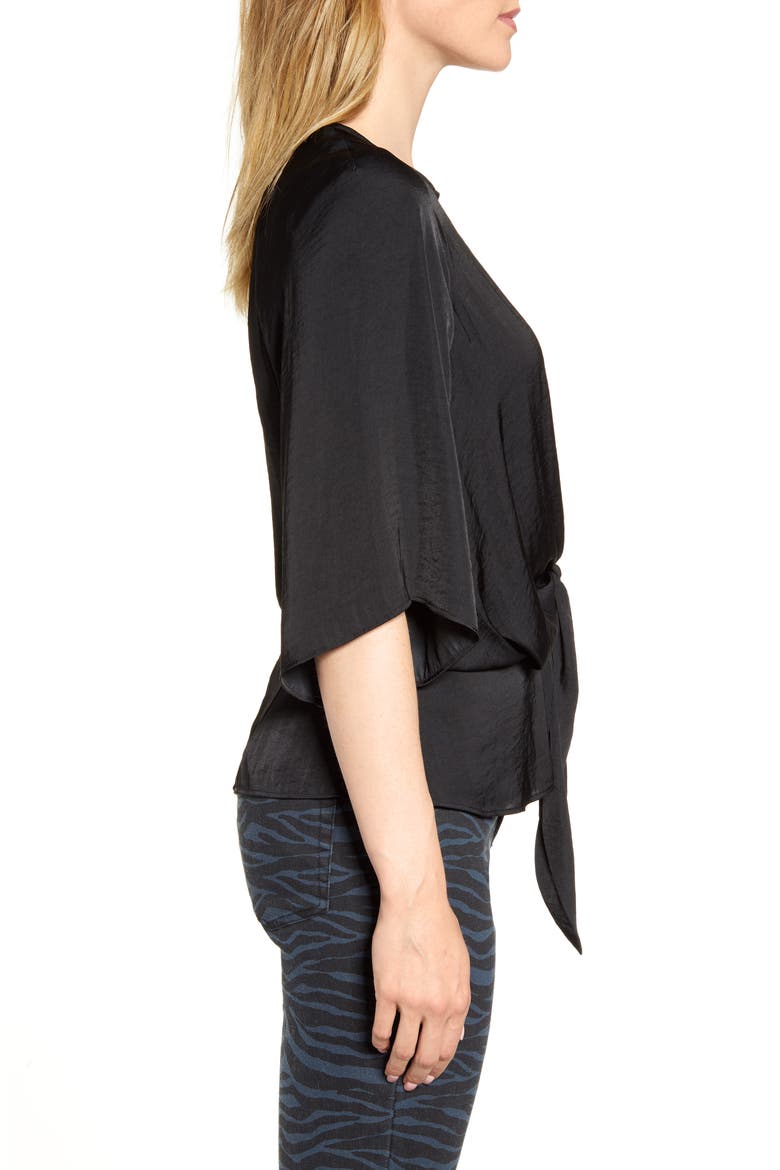 Bell Sleeve Tie Waist Hammered Satin Blouse, Alternate, color, RICH BLACK