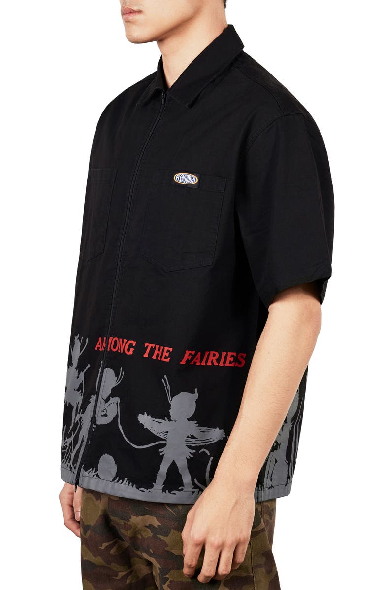 PLEASURES Fairies Relaxed Fit Cotton Zip Shirt, Alternate, color, Black