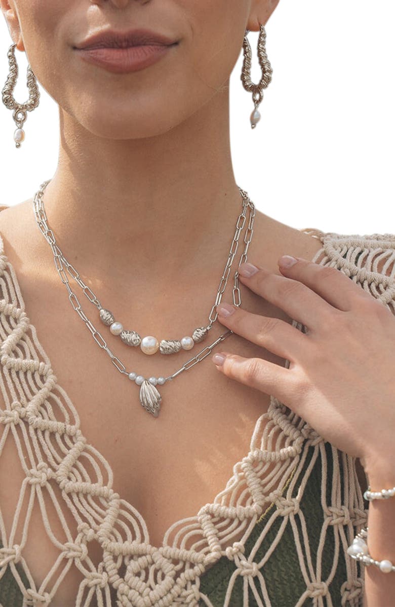 Sterling Forever Sylvie Freshwater Pearl Hoop Earrings, Alternate, color, Silver