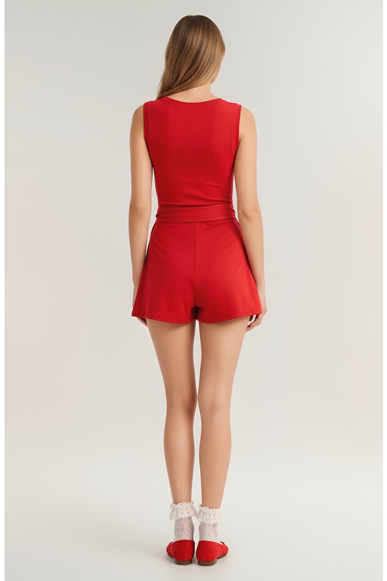 Sleeveless Active Romper with Side Tie Skirt Overlay and Crew Neckline, Alternate, color, Red