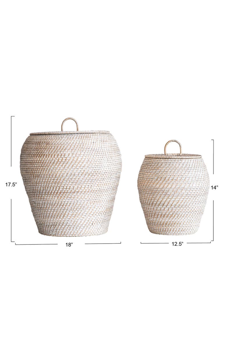 Decorative Hand-Woven Rattan Storage Baskets with Lids, Whitewashed, Set of 2, Alternate, color, White