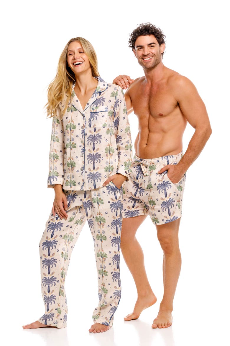 Ben Riviera Palms Ecru Linen Pajama Shorts, Alternate, color, WHITE