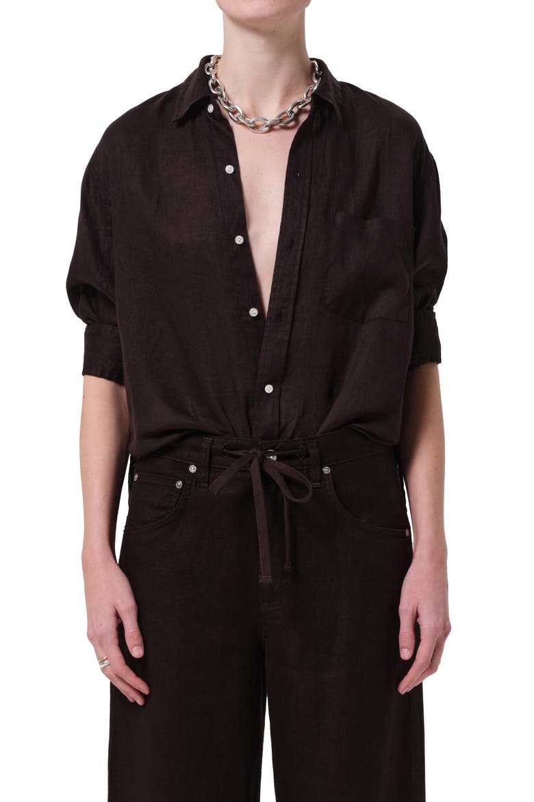 Kayla Button-Up Linen Shirt, Main, color, CHOCOLATE