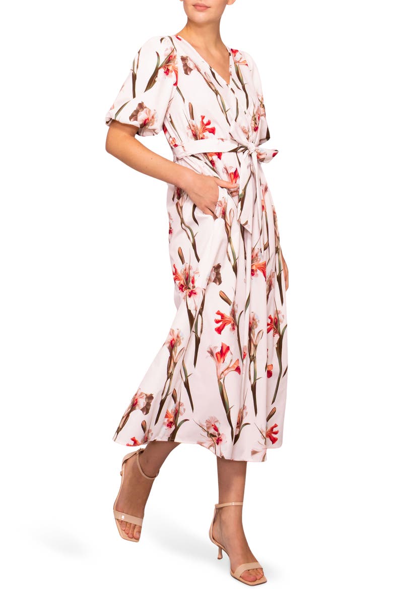 MELLODAY Tie Waist Midi Dress, Alternate, color, Ivory Red