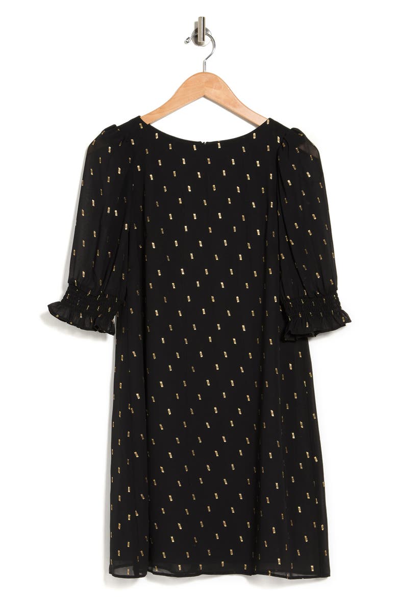 Metallic Print Ruffle Cuff Shift Dress, Alternate, color, BLK GOLD