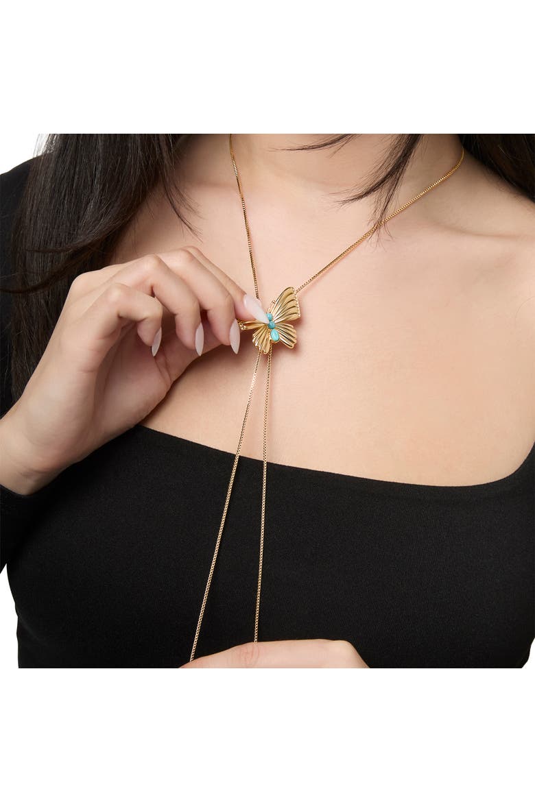 Gold-Tone Butterfly Y-Lariat Necklace with Green Crystal, Alternate, color, Gold