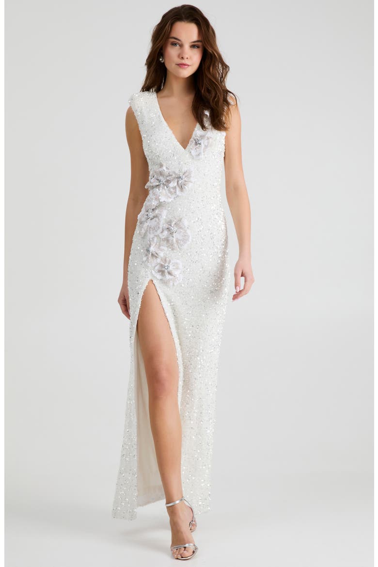 Gabriella Sequin Floral Appliqué Sleeveless Gown, Alternate, color, OFF WHITE