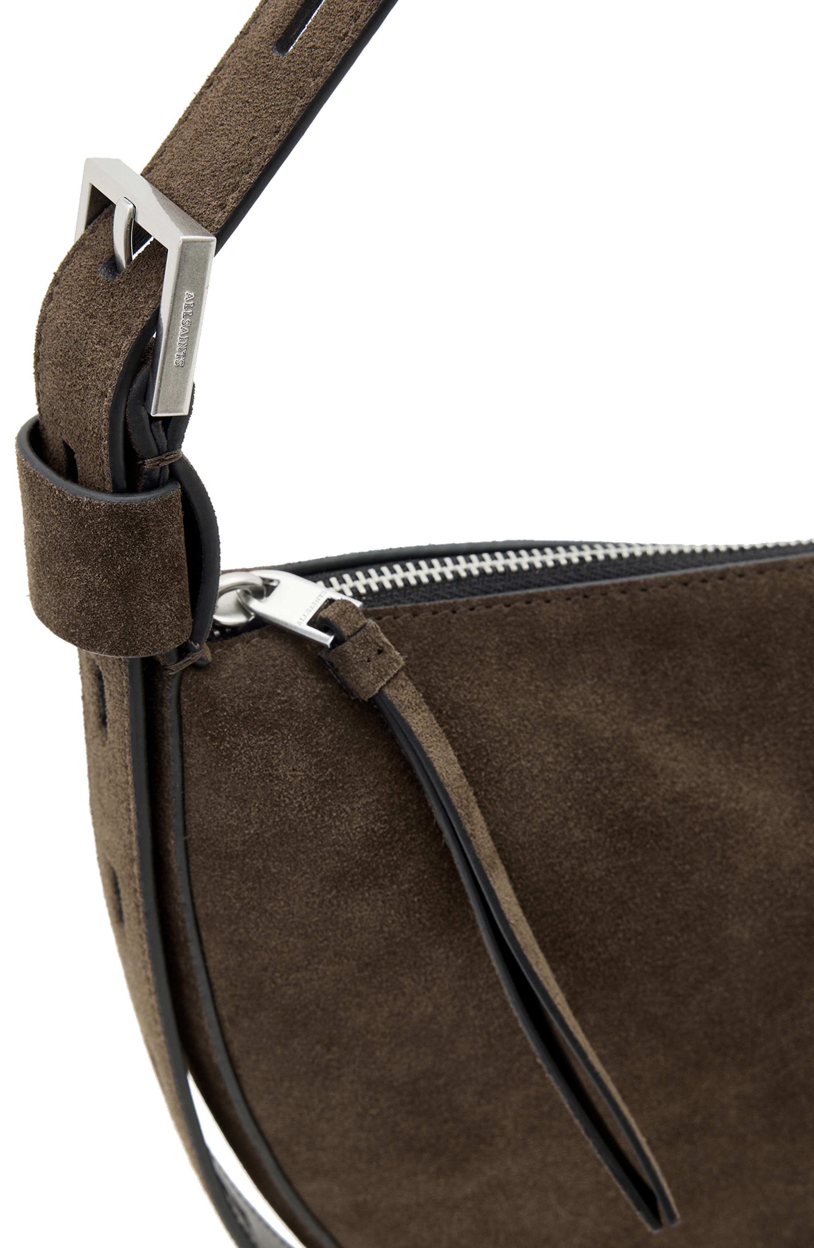 AllSaints Half Moon Suede Shoulder Bag, Alternate, color, Fango Brown