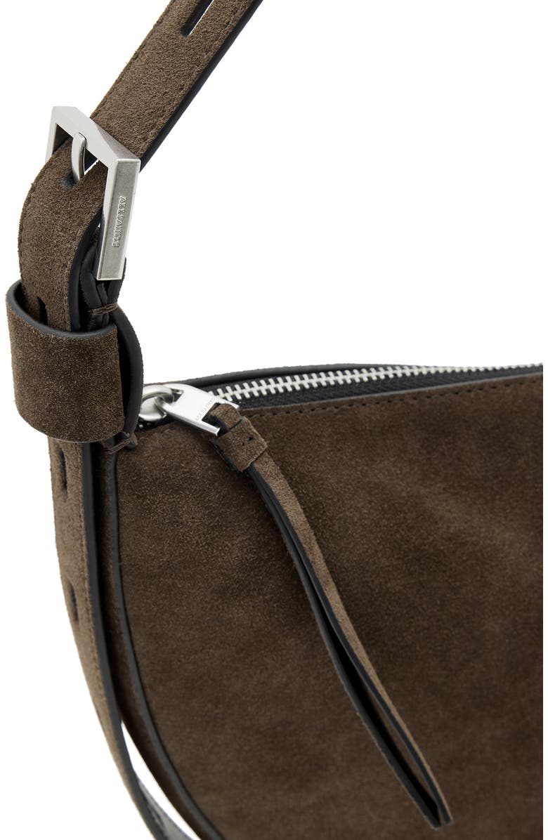 AllSaints Half Moon Suede Shoulder Bag, Alternate, color, Fango Brown