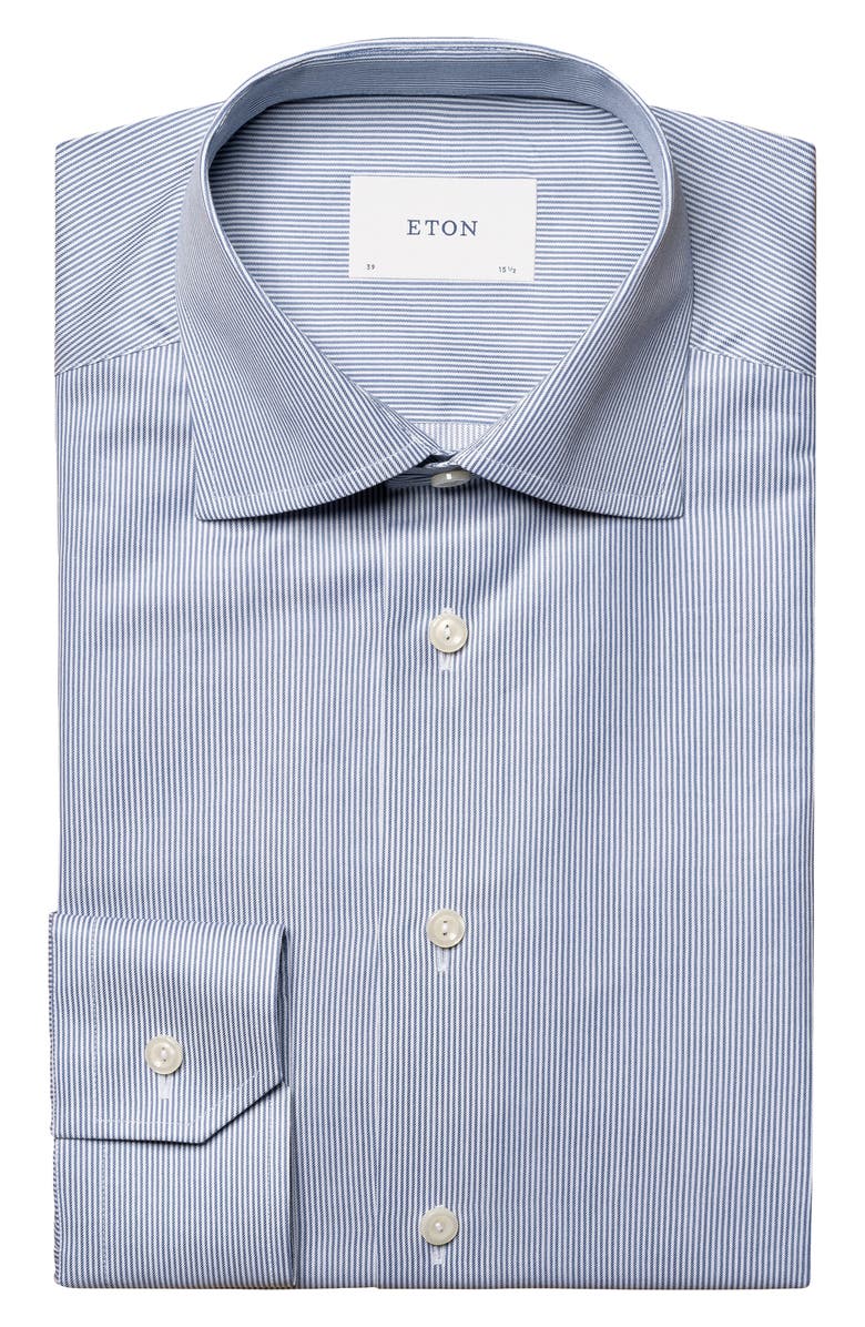 Eton Contemporary Fit Pinstripe Cotton Twill Dress Shirt, Alternate, color, Medium Blue